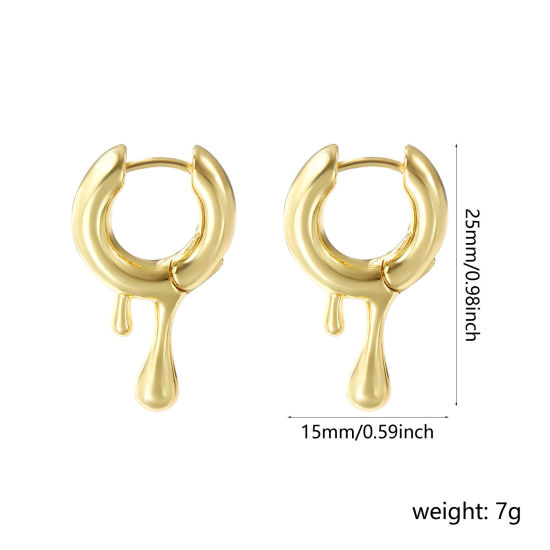 Picture of 1 Pair Eco-friendly Minimalist Exquisite 18K Real Gold Plated Brass Drop Hoop Earrings For Women Gift 25mm x 15mm, Post/ Wire Size: 0.8mm(20 gauge)