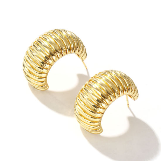 Image de 1 Paire Boucles d'Oreilles Créoles Exquis en Laiton Respectueux de la Nature Minimaliste Forme de C Rayées Plaqué Or Véritable 18K Cadeau Pour Femmes 28mm x 28mm, Taille de Fil: 0.7mm(taille 21)