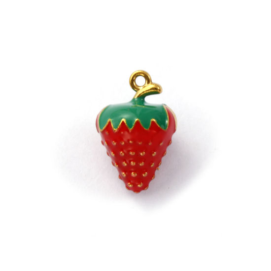 Immagine di 2 Pz Placcatura Sottovuoto PVD Ecologica 304 Acciaio Inossidabile Ciondoli Placcato Oro 18K Rosso Smalto Fragola 3D 17mm x 11.5mm