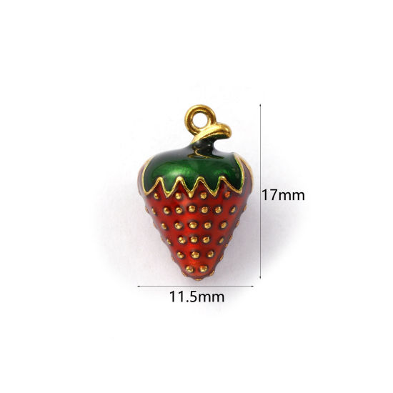 Immagine di 2 Pz Placcatura Sottovuoto PVD Ecologica 304 Acciaio Inossidabile Ciondoli Placcato Oro 18K Rosso Scuro Smalto Fragola 3D 17mm x 11.5mm