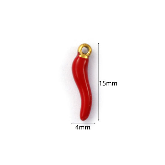 Immagine di 2 Pz Placcatura Sottovuoto PVD Ecologica 304 Acciaio Inossidabile Ciondoli Placcato Oro 18K Rosso Smalto Peperone 3D 15mm x 4mm