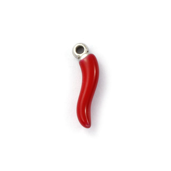 Immagine di 2 Pz Ecologico 304 Acciaio Inossidabile Ciondoli Tono Argento Rosso Smalto Peperone 3D 20mm x 6mm