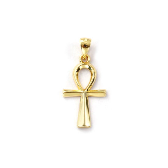 Immagine di 2 Pz Ecologico Ottone Religione Ciondoli Pendenti 18K Vero Oro Placcato Croce Egiziana Filigrana 28mm x 13mm