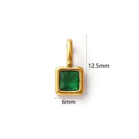 Изображение 1 ШТ Экологичное вакуумное PVD-покрытие 304 Нержавеющая Сталь & Железо Может Камень рождения Подвески 18K настоящее золото с покрытием Квадратные Мини Темно-зеленый Стразы 12.5мм x 6мм