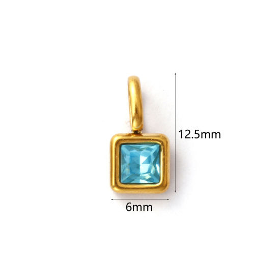 Изображение 1 ШТ Экологичное вакуумное PVD-покрытие 304 Нержавеющая Сталь & Железо Декабрь Камень рождения Подвески 18K настоящее золото с покрытием Квадратные Мини Сине-зеленые Стразы 12.5мм x 6мм