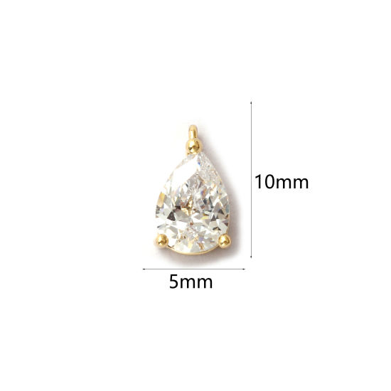 Immagine di 2 Pz Ottone Ciondoli Placcato Oro 18K Goccia Trasparente Cubic Zirconiae 10mm x 5mm