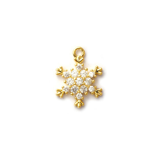Immagine di 2 Pz Ottone Ciondoli Placcato Oro 18K Natale Fiocco di Neve Micro Spianare Trasparente Cubic Zirconiae 14.5mm x 11mm