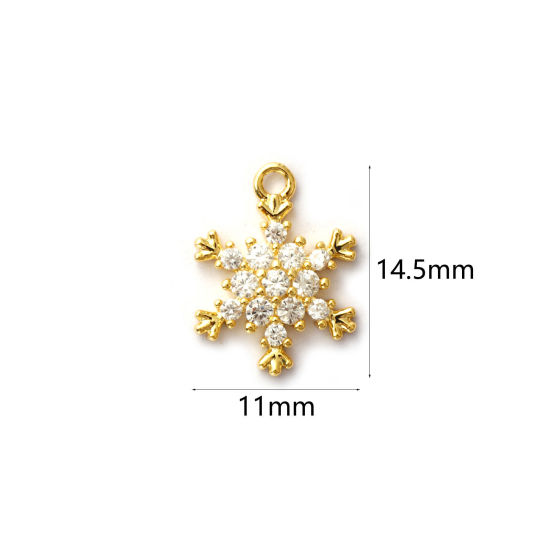 Immagine di 2 Pz Ottone Ciondoli Placcato Oro 18K Natale Fiocco di Neve Micro Spianare Trasparente Cubic Zirconiae 14.5mm x 11mm