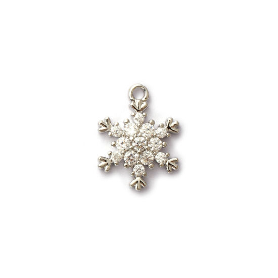 Immagine di 2 Pz Ottone Ciondoli Platino Placcato Natale Fiocco di Neve Micro Spianare Trasparente Cubic Zirconiae 14.5mm x 11mm