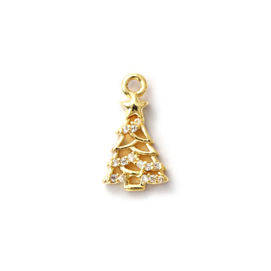 Immagine di 2 Pz Ottone Ciondoli Placcato Oro 18K Albero di Natale Micro Spianare Trasparente Cubic Zirconiae 13mm x 7mm