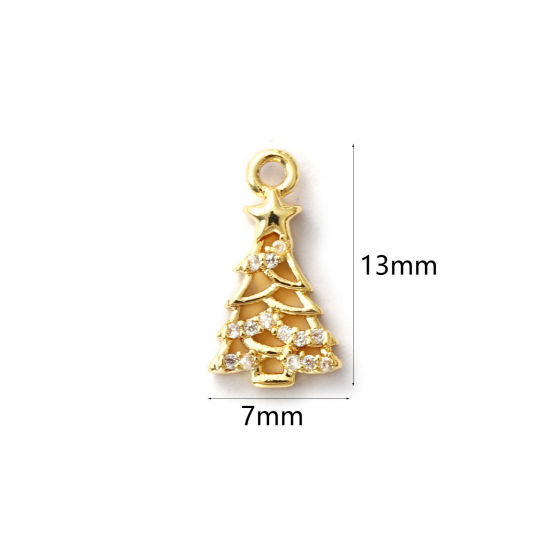 Immagine di 2 Pz Ottone Ciondoli Placcato Oro 18K Albero di Natale Micro Spianare Trasparente Cubic Zirconiae 13mm x 7mm