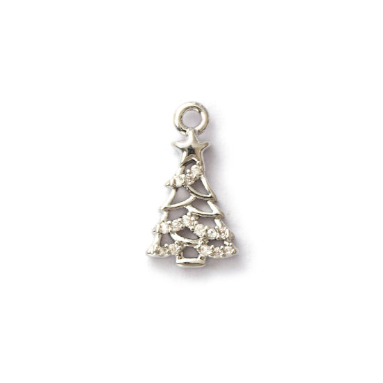 Immagine di 2 Pz Ottone Ciondoli Platino Placcato Albero di Natale Micro Spianare Trasparente Cubic Zirconiae 13mm x 7mm