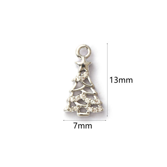 Immagine di 2 Pz Ottone Ciondoli Platino Placcato Albero di Natale Micro Spianare Trasparente Cubic Zirconiae 13mm x 7mm