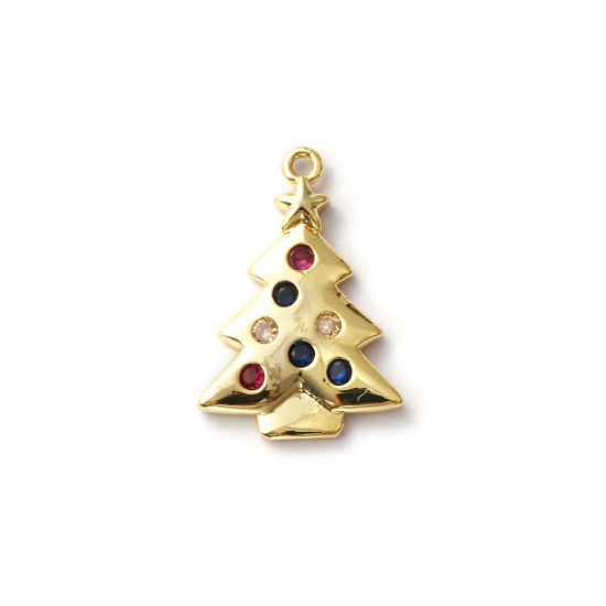 Immagine di 2 Pz Ottone Ciondoli Placcato Oro 18K Albero di Natale Micro Spianare Multicolore Cubic Zirconiae 22mm x 15mm