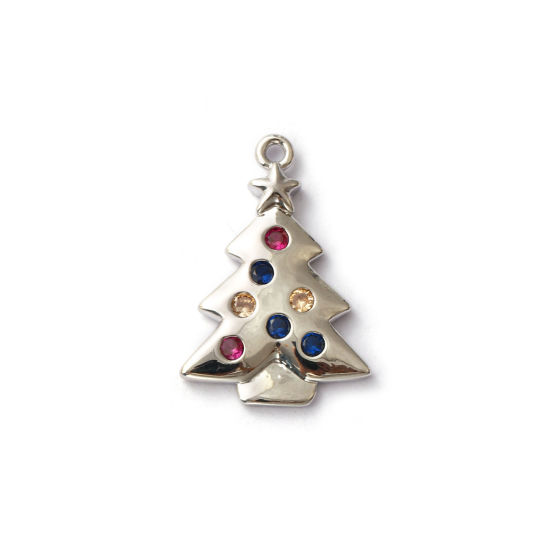 Immagine di 2 Pz Ottone Ciondoli Platino Placcato Albero di Natale Micro Spianare Multicolore Cubic Zirconiae 22mm x 15mm
