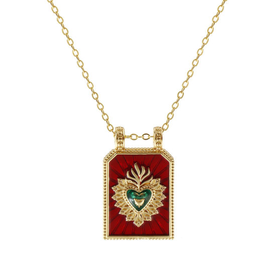 Immagine di 18K Vero Oro Placcato Catena a Cavo Esagono Collana con Ciondolo, Ottone 46cm + 6cm, Per Donne, Ex Voto Cuore Rosso Smalto Retrò Religione Regalo, Ecologico, 1 Pz
