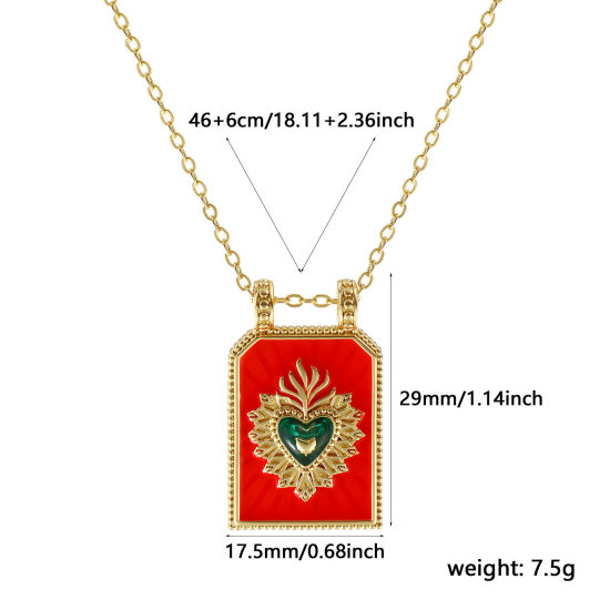 Immagine di 18K Vero Oro Placcato Catena a Cavo Esagono Collana con Ciondolo, Ottone 46cm + 6cm, Per Donne, Ex Voto Cuore Rosso Arancione Smalto Retrò Religione Regalo, Ecologico, 1 Pz