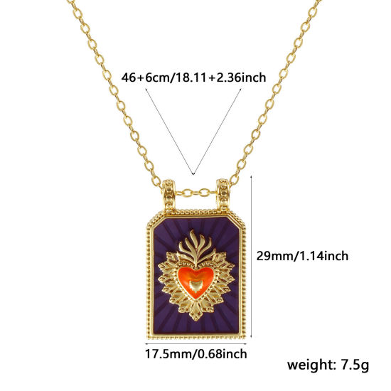 Immagine di 18K Vero Oro Placcato Catena a Cavo Esagono Collana con Ciondolo, Ottone 46cm + 6cm, Per Donne, Ex Voto Cuore Colore Viola Smalto Retrò Religione Regalo, Ecologico, 1 Pz