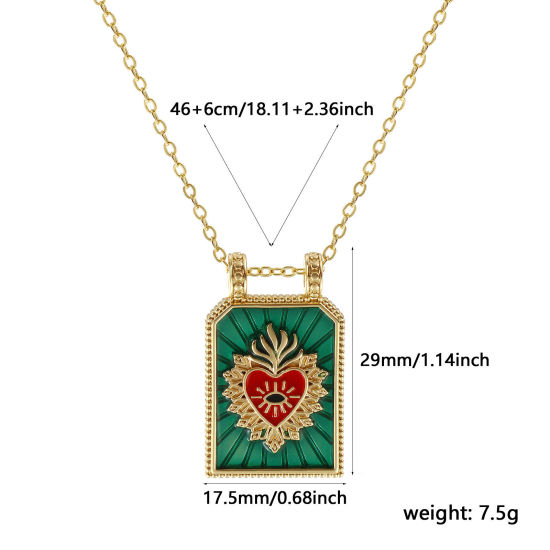 Immagine di 18K Vero Oro Placcato Catena a Cavo Esagono Collana con Ciondolo, Ottone 46cm + 6cm, Per Donne, Ex Voto Cuore Verde Smalto Retrò Religione Regalo, Ecologico, 1 Pz