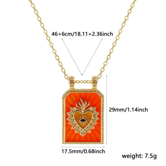 Immagine di 18K Vero Oro Placcato Catena a Cavo Esagono Collana con Ciondolo, Ottone 46cm + 6cm, Per Donne, Ex Voto Cuore Arancione Smalto Retrò Religione Regalo, Ecologico, 1 Pz