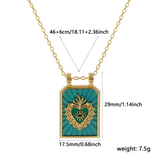 Immagine di 18K Vero Oro Placcato Catena a Cavo Esagono Collana con Ciondolo, Ottone 46cm + 6cm, Per Donne, Ex Voto Cuore Verde Pavone Smalto Retrò Religione Regalo, Ecologico, 1 Pz