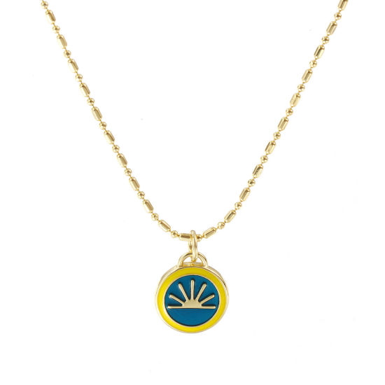 Bild von 18K Echtgold plattiert Bambus-Kette Rund Anhänger Halskette, Messing 45cm + 5cm, Für Frauen, Sonne Pfauenblau Emaille Retro Galaxis Geschenk, Umweltfreundlich, 1 Strang