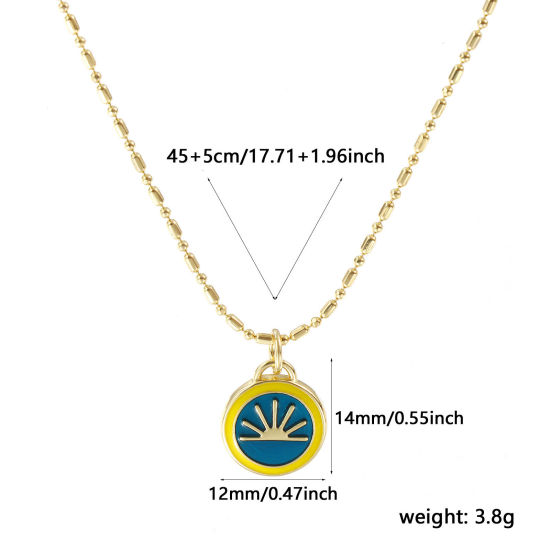 Bild von 18K Echtgold plattiert Bambus-Kette Rund Anhänger Halskette, Messing 45cm + 5cm, Für Frauen, Sonne Pfauenblau Emaille Retro Galaxis Geschenk, Umweltfreundlich, 1 Strang