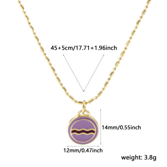 Bild von 18K Echtgold plattiert Bambus-Kette Rund Anhänger Halskette, Messing 45cm + 5cm, Für Frauen, Welle Helllila Emaille Retro Exquisit Geschenk, Umweltfreundlich, 1 Strang