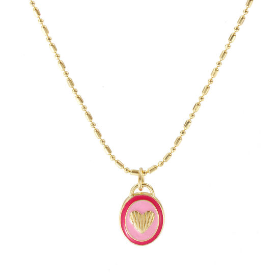 Bild von 18K Echtgold plattiert Bambus-Kette Oval Anhänger Halskette, Messing 45cm + 5cm, Für Frauen, Herz Rosa Emaille Retro Valentinstag Geschenk, Umweltfreundlich, 1 Strang