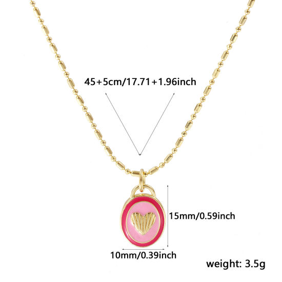 Bild von 18K Echtgold plattiert Bambus-Kette Oval Anhänger Halskette, Messing 45cm + 5cm, Für Frauen, Herz Rosa Emaille Retro Valentinstag Geschenk, Umweltfreundlich, 1 Strang