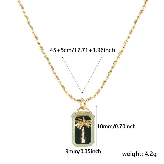 Bild von 18K Echtgold plattiert Bambus-Kette Rechteck Anhänger Halskette, Messing 45cm + 5cm, Für Frauen, Kokospalme Dunkelgrün Emaille Retro Exquisit Geschenk, Umweltfreundlich, 1 Strang