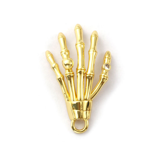 Изображение 1 ШТ Латунь Хэллоуин Подвески 18K позолоченный Скелет руки Трехмерный Прозрачный Искусственный Циркон 4.8см x 3см