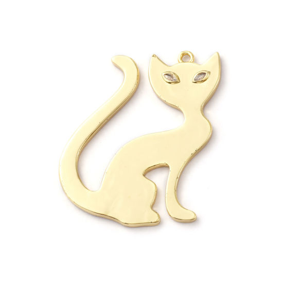Изображение 1 ШТ Латунь Подвески 18K позолоченный Кошка Прозрачный Искусственный Циркон 5см x 4.4см