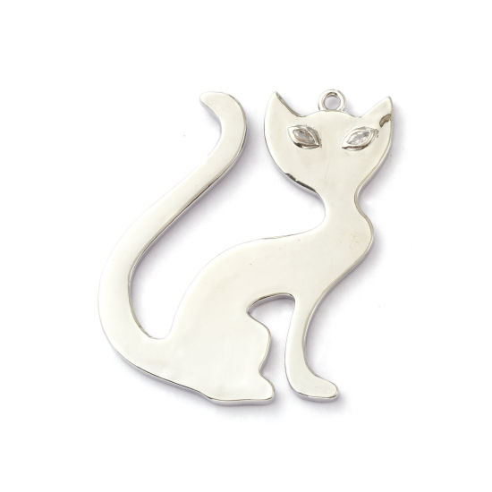 Изображение 1 ШТ Латунь Подвески Платиновым покрытием Кошка Прозрачный Искусственный Циркон 5см x 4.4см