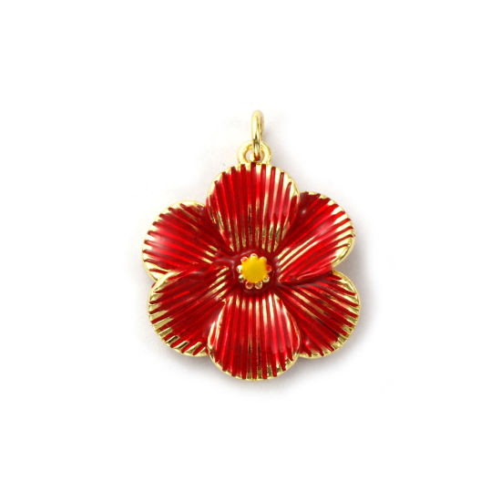 Immagine di 1 Pz Ottone Ciondoli Placcato Oro 18K Rosso Smalto Fiore 26mm x 20mm