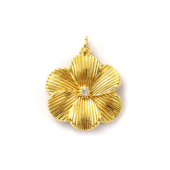 Immagine di 1 Pz Ottone Ciondoli Placcato Oro 18K Fiore Trasparente Cubic Zirconiae 26mm x 20mm