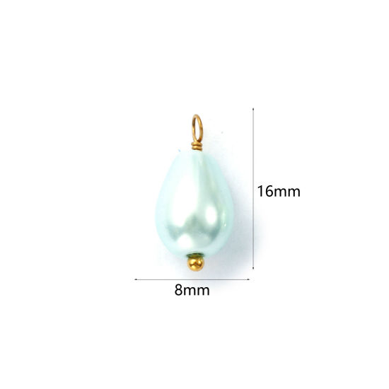 Изображение 4 ШТ вакуумное покрытие 304 Нержавеющая Сталь & Акрил Подвески Позолоченный Светло-синий водяная капля Имитация жемчуга 16мм x 8мм