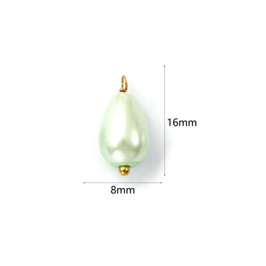 Изображение 4 ШТ вакуумное покрытие 304 Нержавеющая Сталь & Акрил Подвески Позолоченный Светло-зеленый водяная капля Имитация жемчуга 16мм x 8мм