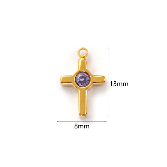 Изображение 1 ШТ вакуумное покрытие 304 Нержавеющая Сталь религия Подвески Позолоченный Крест Фиолетовый Стразы 13мм x 8мм
