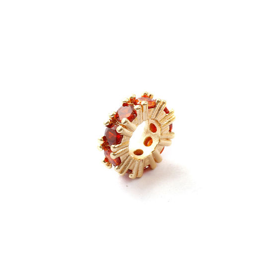Immagine di 1 Pz Ecologico Ottone Pietre Nascita Perline Distanziatrici per Gioielli Fai-da-te che Fanno Risultati 14K Vero Oro Placcato Tondo Gennaio Rosso Arancione Cubic Zirconiae 10mm Dia., Buco: Circa 4.8mm
