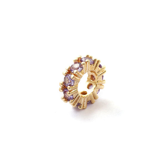 Immagine di 1 Pz Ecologico Ottone Pietre Nascita Perline Distanziatrici per Gioielli Fai-da-te che Fanno Risultati 14K Vero Oro Placcato Tondo Febbraio Viola Cubic Zirconiae 10mm Dia., Buco: Circa 4.8mm