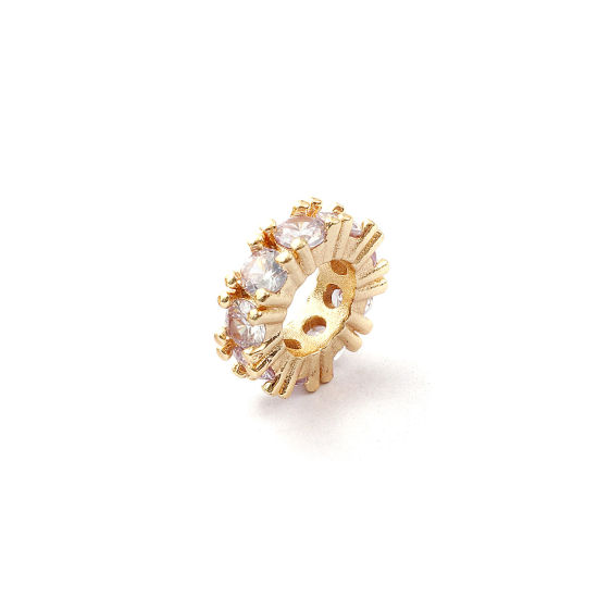 Immagine di 1 Pz Ecologico Ottone Pietre Nascita Perline Distanziatrici per Gioielli Fai-da-te che Fanno Risultati 14K Vero Oro Placcato Tondo Aprile Trasparente Cubic Zirconiae 10mm Dia., Buco: Circa 4.8mm