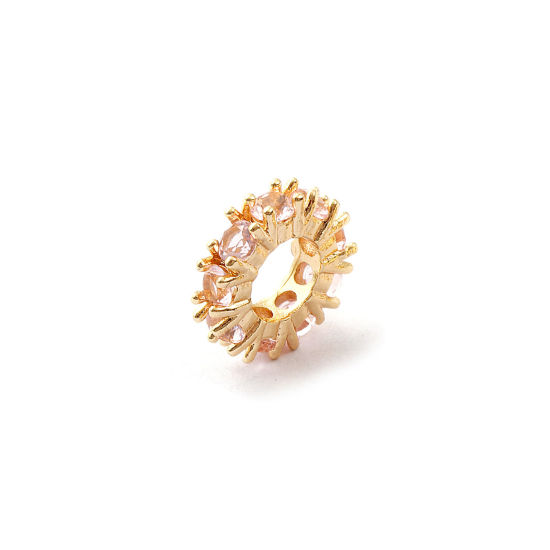 Immagine di 1 Pz Ecologico Ottone Pietre Nascita Perline Distanziatrici per Gioielli Fai-da-te che Fanno Risultati 14K Vero Oro Placcato Tondo Ottobre Rosa Pallido Cubic Zirconiae 10mm Dia., Buco: Circa 4.8mm
