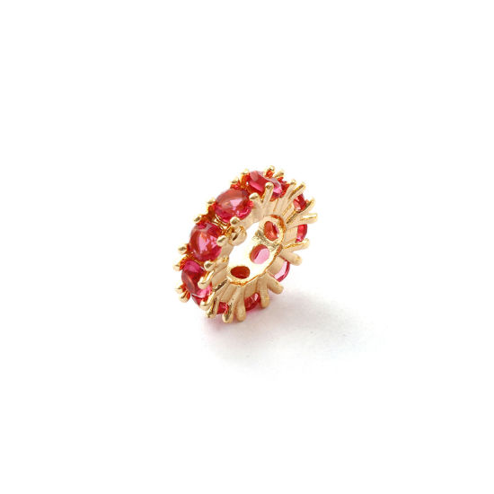 Immagine di 1 Pz Ecologico Ottone Pietre Nascita Perline Distanziatrici per Gioielli Fai-da-te che Fanno Risultati 14K Vero Oro Placcato Tondo Luglio Rosso Prugna Cubic Zirconiae 10mm Dia., Buco: Circa 4.8mm