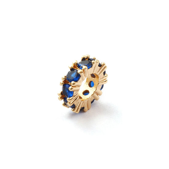 Immagine di 1 Pz Ecologico Ottone Pietre Nascita Perline Distanziatrici per Gioielli Fai-da-te che Fanno Risultati 14K Vero Oro Placcato Tondo Settembre Blu Scuro Cubic Zirconiae 10mm Dia., Buco: Circa 4.8mm