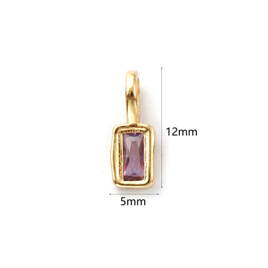 Изображение 2 ШТ Экологичный Латунь Камень рождения Подвески 14K настоящее золото с покрытием Прямоугольник февраль Фиолетовый Искусственный Циркон 12мм x 5мм