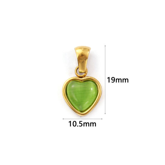 Изображение 2 ШТ Экологичное вакуумное PVD-покрытие 304 Нержавеющая Сталь День святого Валентина Подвески 18K настоящее золото с покрытием Зеленый Сердце Цимофана Имитация 19мм x 10.5мм