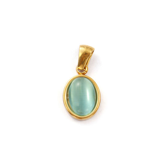 Immagine di 2 Pz Placcatura Sottovuoto PVD Ecologica 304 Acciaio Inossidabile Ciondoli Pendenti 18K Vero Oro Placcato Menta Verde Ovale Imitazione di occhio di gatto 21mm x 10.5mm