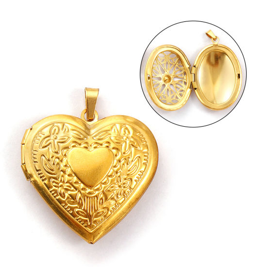 Immagine di 1 Pz Placcatura Sottovuoto Ecologica 304 Acciaio Inossidabile San Valentino Ciondoli con Medaglione Fotografico Placcato Oro 18K Cuore Ghirlanda Possibile Aprire 3.4cm x 2.9cm