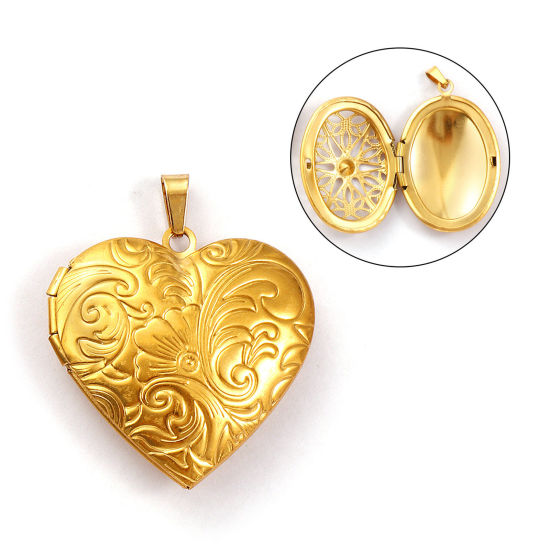 Immagine di 1 Pz Placcatura Sottovuoto Ecologica 304 Acciaio Inossidabile San Valentino Ciondoli con Medaglione Fotografico Placcato Oro 18K Cuore Intagliato Possibile Aprire 3.4cm x 2.9cm